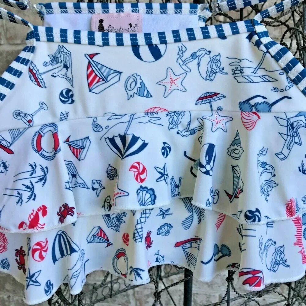 Floatimini Girls Swimsuit Top Size 6 Ruffed Tiered Straps Beach Sailboat…